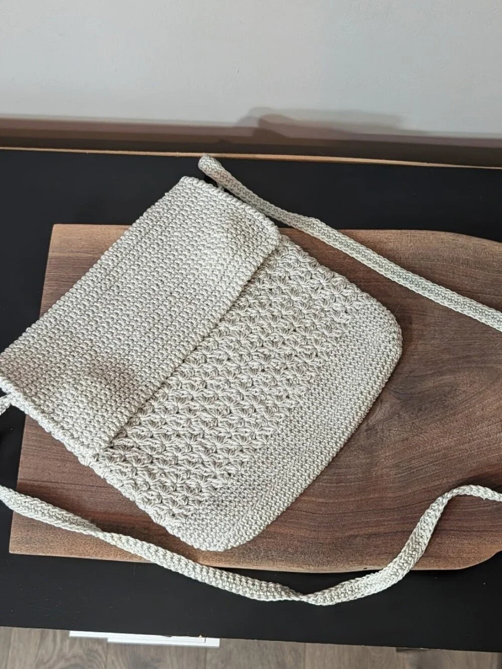 Grey Crochet Crossbody Bag with Fold-Over Flap 90s